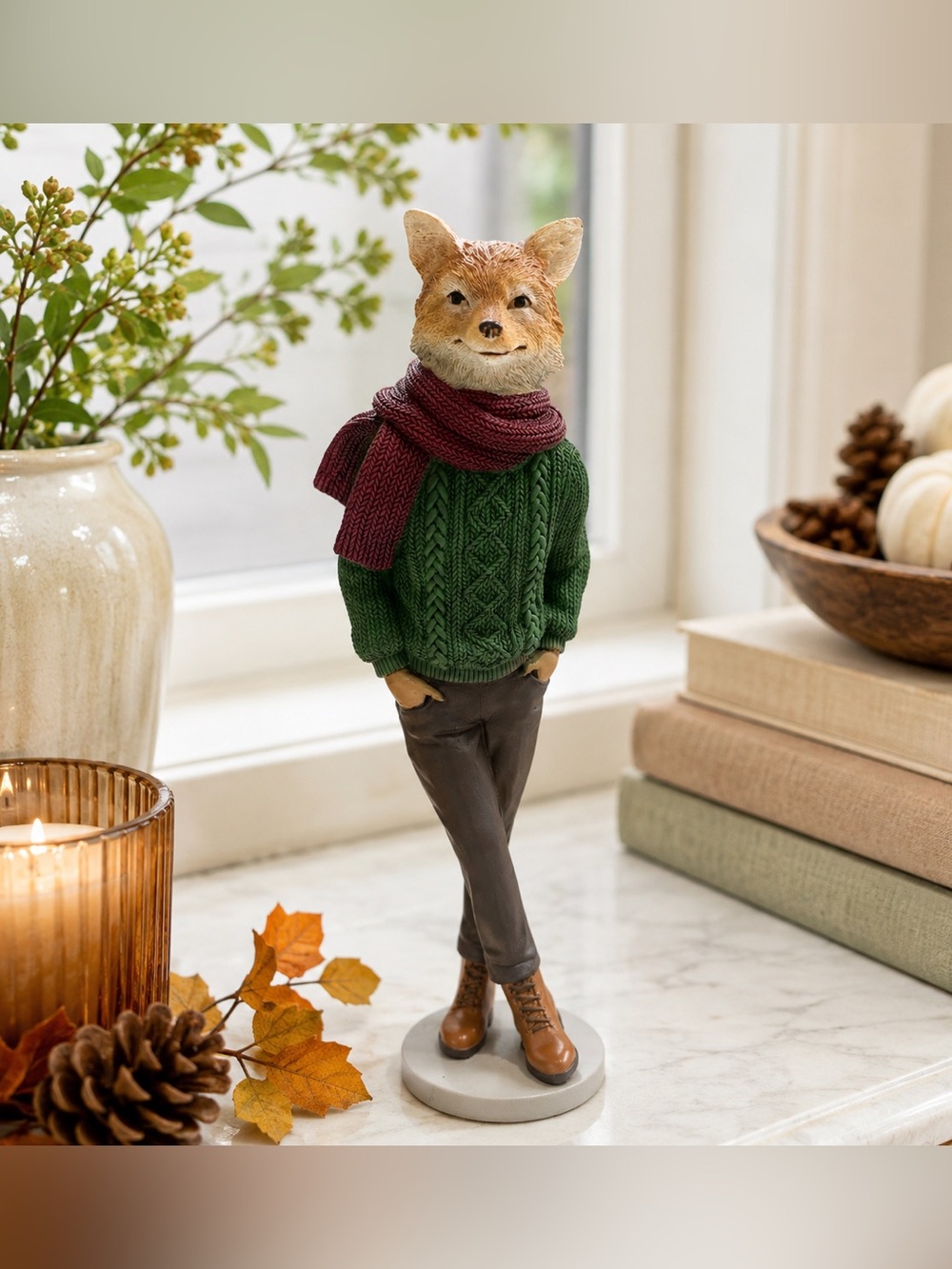 Sullivans by Transpac Standing Fox Christmas Figurine Green Sweater Scarf